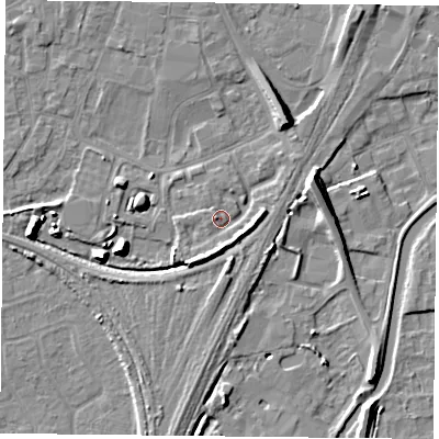 Shaded relief map of the ground around YO84QN, computed from Environment Agency LiDAR. The ground here sits at about 6 m above sea level and falls 8 m across the surrounding 800 m. Surface water reaching this point runs off ground lying to the south-south-west, 3.7 m higher.