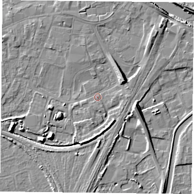 Shaded relief map of the ground around YO84QQ, computed from Environment Agency LiDAR. The ground here sits at about 5 m above sea level and falls 11 m across the surrounding 800 m. Surface water reaching this point runs off ground lying to the east-north-east, 6.6 m higher.