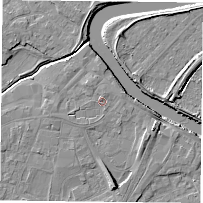 Shaded relief map of the ground around YO84QR, computed from Environment Agency LiDAR. The ground here sits at about 6 m above sea level and falls 10 m across the surrounding 800 m. Surface water reaching this point runs off ground lying to the south-west, 0.7 m higher.