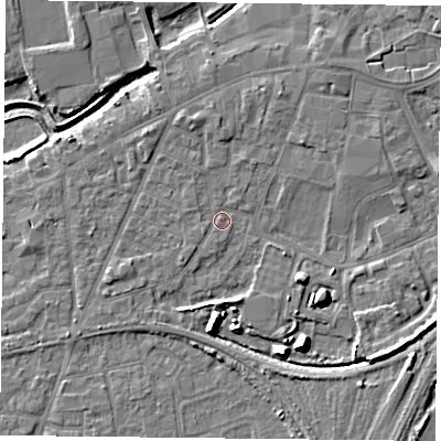 Shaded relief map of the ground around YO84QT, computed from Environment Agency LiDAR. The ground here sits at about 6 m above sea level and falls 9 m across the surrounding 800 m. Surface water reaching this point runs off ground lying to the north-north-west, 1.9 m higher.