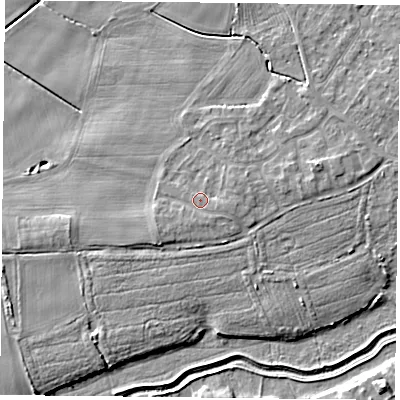 Shaded relief map of the ground around YO84QY, computed from Environment Agency LiDAR. The ground here sits at about 6 m above sea level and falls 6 m across the surrounding 800 m. Surface water reaching this point runs off ground lying to the east, 1.0 m higher.