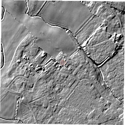 Shaded relief map of the ground around YO84RT, computed from Environment Agency LiDAR. The ground here sits at about 6 m above sea level and falls 7 m across the surrounding 800 m. Surface water reaching this point runs off ground lying to the south-west, 2.3 m higher.