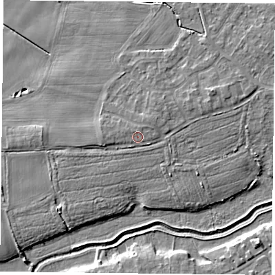 Shaded relief map of the ground around YO84RU, computed from Environment Agency LiDAR. The ground here sits at about 6 m above sea level and falls 6 m across the surrounding 800 m. Surface water reaching this point runs off ground lying to the north, 0.9 m higher.