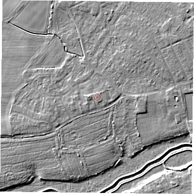 Shaded relief map of the ground around YO84RW, computed from Environment Agency LiDAR. The ground here sits at about 7 m above sea level and falls 6 m across the surrounding 800 m. Surface water reaching this point runs off ground lying to the west, 0.7 m higher.