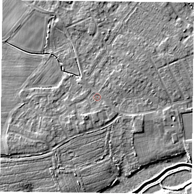 Shaded relief map of the ground around YO84XG, computed from Environment Agency LiDAR. The ground here sits at about 6 m above sea level and falls 5 m across the surrounding 800 m. Surface water reaching this point runs off ground lying to the south-east, 0.8 m higher.