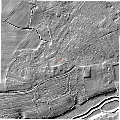 Shaded relief map of the ground around YO84XH, computed from Environment Agency LiDAR. The ground here sits at about 6 m above sea level and falls 5 m across the surrounding 800 m. Surface water reaching this point runs off ground lying to the south-west, 1.6 m higher.
