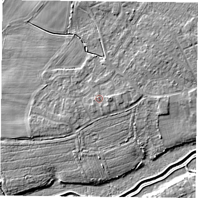 Shaded relief map of the ground around YO84XJ, computed from Environment Agency LiDAR. The ground here sits at about 6 m above sea level and falls 6 m across the surrounding 800 m. Surface water reaching this point runs off ground lying to the east, 1.1 m higher.
