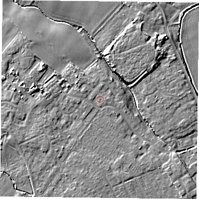 Shaded relief map of the ground around YO84XN, computed from Environment Agency LiDAR. The ground here sits at about 6 m above sea level and falls 7 m across the surrounding 800 m. Surface water reaching this point runs off ground lying to the west, 0.6 m higher.