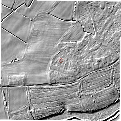 Shaded relief map of the ground around YO84XR, computed from Environment Agency LiDAR. The ground here sits at about 6 m above sea level and falls 6 m across the surrounding 800 m. Surface water reaching this point runs off ground lying to the south-south-east, 0.8 m higher.