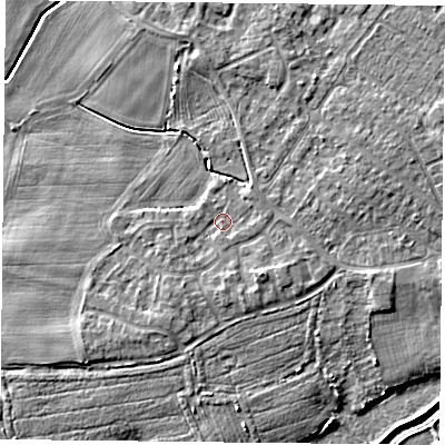 Shaded relief map of the ground around YO84XS, computed from Environment Agency LiDAR. The ground here sits at about 5 m above sea level and falls 5 m across the surrounding 800 m. Surface water reaching this point runs off ground lying to the south-east, 2.4 m higher.