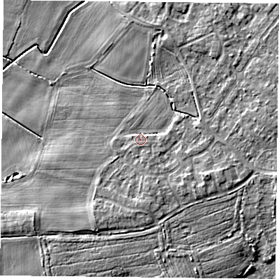 Shaded relief map of the ground around YO84XT, computed from Environment Agency LiDAR. The ground here sits at about 5 m above sea level and falls 5 m across the surrounding 800 m. Surface water reaching this point runs off ground lying to the east-south-east, 3.0 m higher.