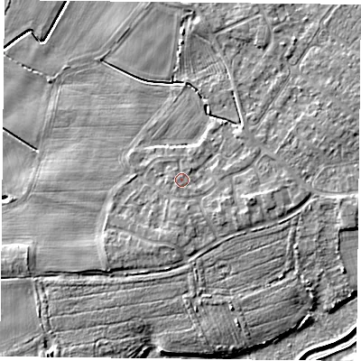 Shaded relief map of the ground around YO84XU, computed from Environment Agency LiDAR. The ground here sits at about 6 m above sea level and falls 5 m across the surrounding 800 m. Surface water reaching this point runs off ground lying to the south-south-west, 0.6 m higher.