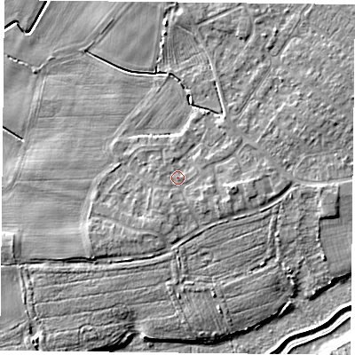 Shaded relief map of the ground around YO84XX, computed from Environment Agency LiDAR. The ground here sits at about 6 m above sea level and falls 6 m across the surrounding 800 m. Surface water reaching this point runs off ground lying to the south-east, 1.3 m higher.