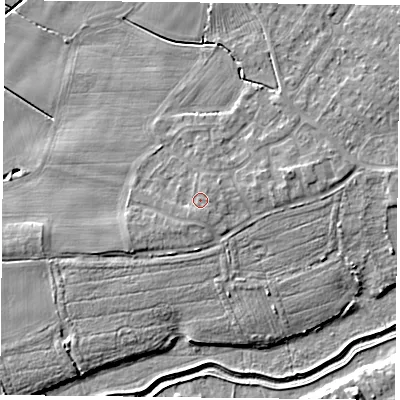 Shaded relief map of the ground around YO84XY, computed from Environment Agency LiDAR. The ground here sits at about 6 m above sea level and falls 6 m across the surrounding 800 m. Surface water reaching this point runs off ground lying to the south, 0.8 m higher.