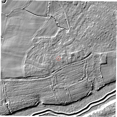 Shaded relief map of the ground around YO84XZ, computed from Environment Agency LiDAR. The ground here sits at about 6 m above sea level and falls 6 m across the surrounding 800 m. Surface water reaching this point runs off ground lying to the east, 0.6 m higher.