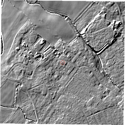 Shaded relief map of the ground around YO84YA, computed from Environment Agency LiDAR. The ground here sits at about 6 m above sea level and falls 7 m across the surrounding 800 m. Surface water reaching this point runs off ground lying to the north-north-east, 0.6 m higher.