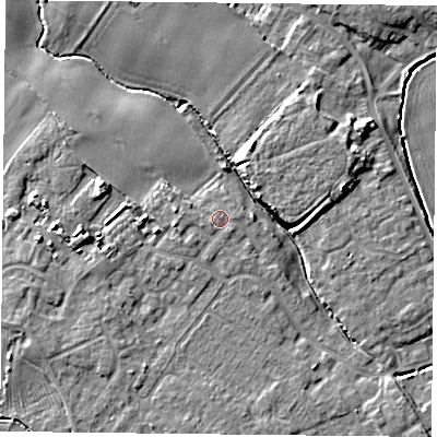 Shaded relief map of the ground around YO84YB, computed from Environment Agency LiDAR. The ground here sits at about 6 m above sea level and falls 7 m across the surrounding 800 m. Surface water reaching this point runs off ground lying to the west, 1.9 m higher.