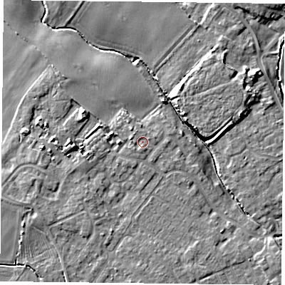 Shaded relief map of the ground around YO84YD, computed from Environment Agency LiDAR. The ground here sits at about 6 m above sea level and falls 7 m across the surrounding 800 m. Surface water reaching this point runs off ground lying to the west-north-west, 1.1 m higher.
