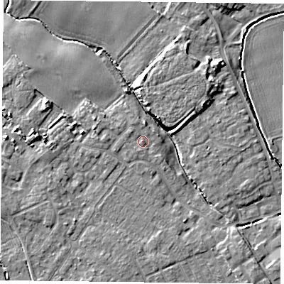 Shaded relief map of the ground around YO84YE, computed from Environment Agency LiDAR. The ground here sits at about 6 m above sea level and falls 7 m across the surrounding 800 m. Surface water reaching this point runs off ground lying to the south-south-west, 1.1 m higher.