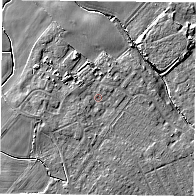 Shaded relief map of the ground around YO84YF, computed from Environment Agency LiDAR. The ground here sits at about 6 m above sea level and falls 7 m across the surrounding 800 m. Surface water reaching this point runs off ground lying to the south, 1.9 m higher.