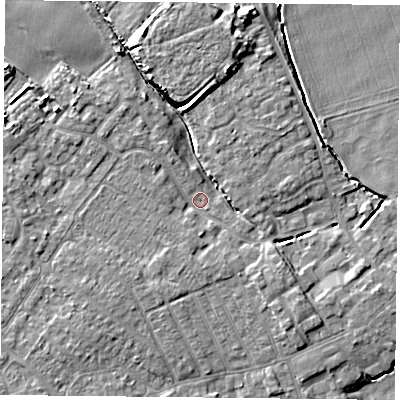 Shaded relief map of the ground around YO84YG, computed from Environment Agency LiDAR. The ground here sits at about 5 m above sea level and falls 7 m across the surrounding 800 m. Surface water reaching this point runs off ground lying to the south-west, 2.8 m higher.