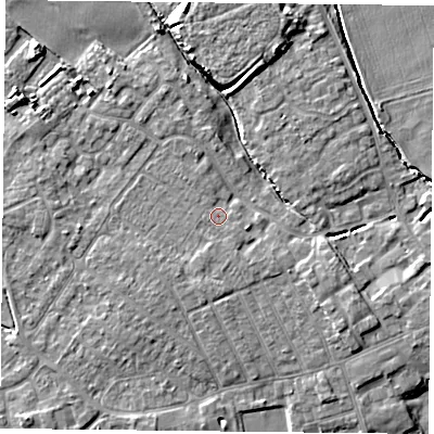 Shaded relief map of the ground around YO84YH, computed from Environment Agency LiDAR. The ground here sits at about 6 m above sea level and falls 7 m across the surrounding 800 m. Surface water reaching this point runs off ground lying to the south, 1.5 m higher.