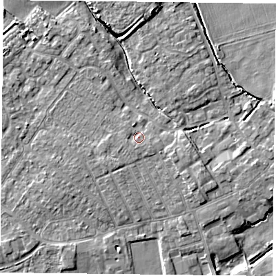 Shaded relief map of the ground around YO84YJ, computed from Environment Agency LiDAR. The ground here sits at about 6 m above sea level and falls 7 m across the surrounding 800 m. Surface water reaching this point runs off ground lying to the west-south-west, 1.2 m higher.