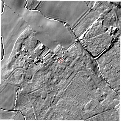 Shaded relief map of the ground around YO84YL, computed from Environment Agency LiDAR. The ground here sits at about 6 m above sea level and falls 7 m across the surrounding 800 m. Surface water reaching this point runs off ground lying to the north-west, 1.7 m higher.