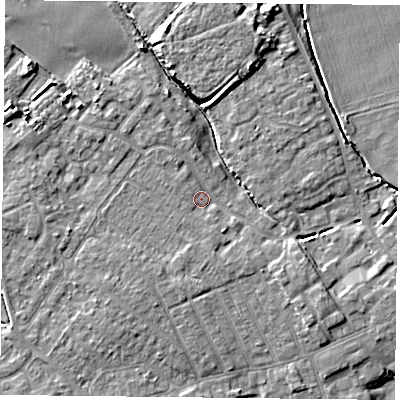 Shaded relief map of the ground around YO84YQ, computed from Environment Agency LiDAR. The ground here sits at about 5 m above sea level and falls 7 m across the surrounding 800 m. Surface water reaching this point runs off ground lying to the south-west, 2.5 m higher.
