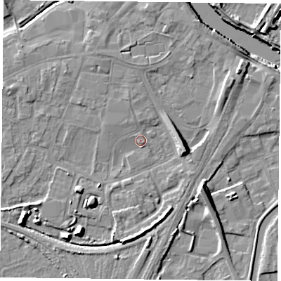 Shaded relief map of the ground around YO84YR, computed from Environment Agency LiDAR. The ground here sits at about 6 m above sea level and falls 11 m across the surrounding 800 m. Surface water reaching this point runs off ground lying to the east-south-east, 7.6 m higher.