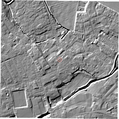 Shaded relief map of the ground around YO84YS, computed from Environment Agency LiDAR. The ground here sits at about 6 m above sea level and falls 7 m across the surrounding 800 m. Surface water reaching this point runs off ground lying to the west, 0.8 m higher.