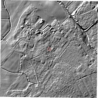 Shaded relief map of the ground around YO84YX, computed from Environment Agency LiDAR. The ground here sits at about 6 m above sea level and falls 7 m across the surrounding 800 m. Surface water reaching this point runs off ground lying to the south-south-east, 1.9 m higher.