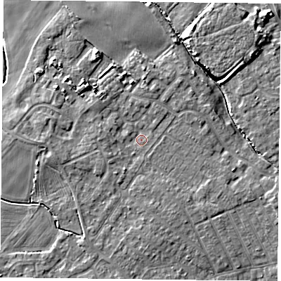 Shaded relief map of the ground around YO84YY, computed from Environment Agency LiDAR. The ground here sits at about 6 m above sea level and falls 7 m across the surrounding 800 m. Surface water reaching this point runs off ground lying to the south-south-west, 1.9 m higher.