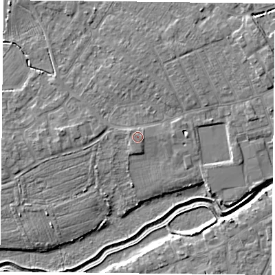 Shaded relief map of the ground around YO84YZ, computed from Environment Agency LiDAR. The ground here sits at about 7 m above sea level and falls 6 m across the surrounding 800 m. Surface water reaching this point runs off ground lying to the east, 0.6 m higher.