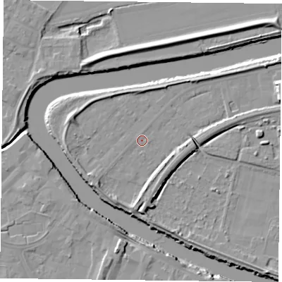 Shaded relief map of the ground around YO85AA, computed from Environment Agency LiDAR. The ground here sits at about 4 m above sea level and falls 9 m across the surrounding 800 m. Surface water reaching this point runs off ground lying to the south, 4.2 m higher.