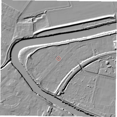 Shaded relief map of the ground around YO85AB, computed from Environment Agency LiDAR. The ground here sits at about 4 m above sea level and falls 9 m across the surrounding 800 m. Surface water reaching this point runs off ground lying to the west, 3.4 m higher.