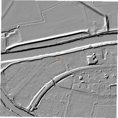 Shaded relief map of the ground around YO85AD, computed from Environment Agency LiDAR. The ground here sits at about 4 m above sea level and falls 8 m across the surrounding 800 m. Surface water reaching this point runs off ground lying to the north-east, 0.8 m higher.