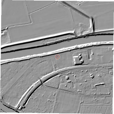 Shaded relief map of the ground around YO85AE, computed from Environment Agency LiDAR. The ground here sits at about 4 m above sea level and falls 8 m across the surrounding 800 m. The ground contributing surface water to this point lies to the north-north-east.