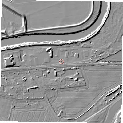 Shaded relief map of the ground around YO85AF, computed from Environment Agency LiDAR. The ground here sits at about 4 m above sea level and falls 10 m across the surrounding 800 m. Surface water reaching this point runs off ground lying to the west-north-west, 4.4 m higher.