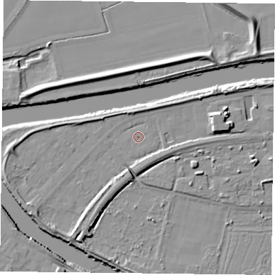 Shaded relief map of the ground around YO85AG, computed from Environment Agency LiDAR. The ground here sits at about 4 m above sea level and falls 9 m across the surrounding 800 m. Surface water reaching this point runs off ground lying to the north-north-east, 0.7 m higher.