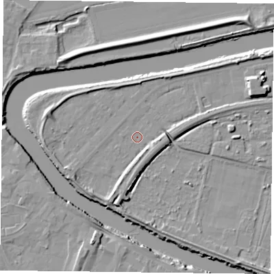 Shaded relief map of the ground around YO85AJ, computed from Environment Agency LiDAR. The ground here sits at about 4 m above sea level and falls 9 m across the surrounding 800 m. Surface water reaching this point runs off ground lying to the south-south-west, 4.2 m higher.