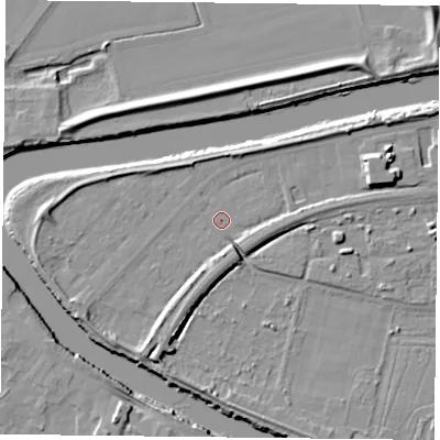 Shaded relief map of the ground around YO85AL, computed from Environment Agency LiDAR. The ground here sits at about 4 m above sea level and falls 9 m across the surrounding 800 m. Surface water reaching this point runs off ground lying to the south-south-west, 4.2 m higher.