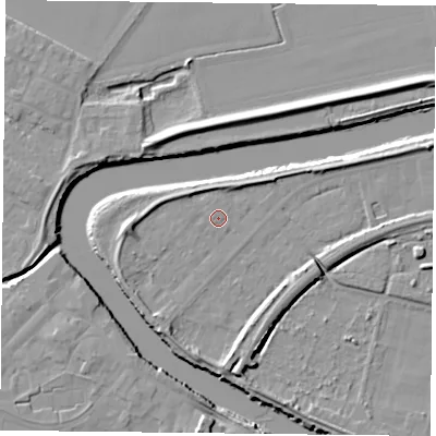 Shaded relief map of the ground around YO85AP, computed from Environment Agency LiDAR. The ground here sits at about 5 m above sea level and falls 8 m across the surrounding 800 m. Surface water reaching this point runs off ground lying to the west, 3.4 m higher.
