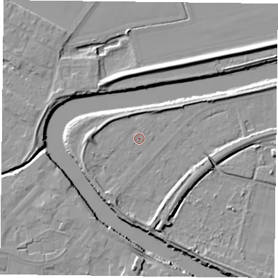 Shaded relief map of the ground around YO85AR, computed from Environment Agency LiDAR. The ground here sits at about 5 m above sea level and falls 8 m across the surrounding 800 m. Surface water reaching this point runs off ground lying to the west, 3.4 m higher.