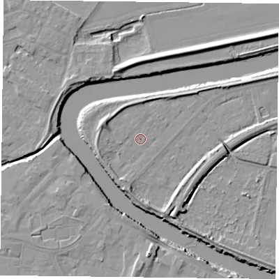 Shaded relief map of the ground around YO85AS, computed from Environment Agency LiDAR. The ground here sits at about 5 m above sea level and falls 8 m across the surrounding 800 m. Surface water reaching this point runs off ground lying to the west-north-west, 3.4 m higher.