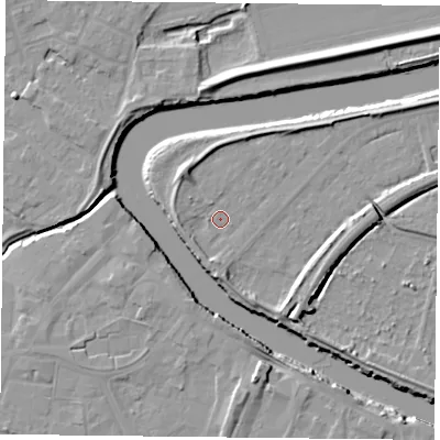 Shaded relief map of the ground around YO85AT, computed from Environment Agency LiDAR. The ground here sits at about 5 m above sea level and falls 8 m across the surrounding 800 m. Surface water reaching this point runs off ground lying to the north-west, 3.4 m higher.