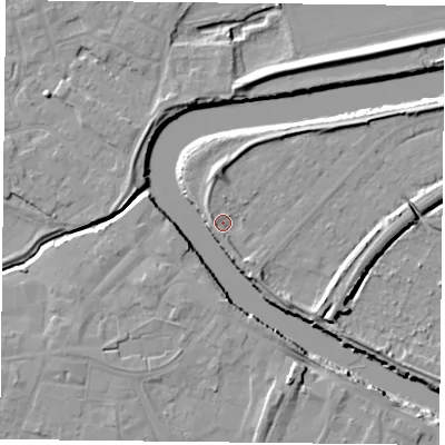 Shaded relief map of the ground around YO85AU, computed from Environment Agency LiDAR. The ground here sits at about 5 m above sea level and falls 8 m across the surrounding 800 m. Surface water reaching this point runs off ground lying to the west-north-west, 2.4 m higher.