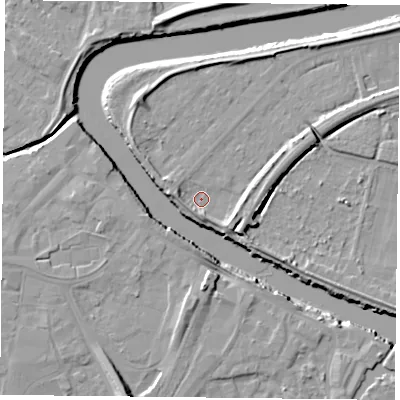 Shaded relief map of the ground around YO85AX, computed from Environment Agency LiDAR. The ground here sits at about 4 m above sea level and falls 10 m across the surrounding 800 m. Surface water reaching this point runs off ground lying to the east, 3.8 m higher.