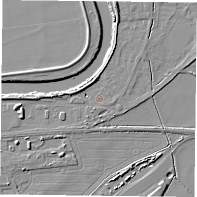 Shaded relief map of the ground around YO85AZ, computed from Environment Agency LiDAR. The ground here sits at about 4 m above sea level and falls 9 m across the surrounding 800 m. Surface water reaching this point runs off ground lying to the west-south-west, 7.8 m higher.