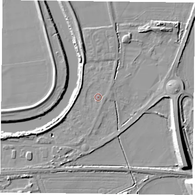 Shaded relief map of the ground around YO85BA, computed from Environment Agency LiDAR. The ground here sits at about 4 m above sea level and falls 12 m across the surrounding 800 m. Surface water reaching this point runs off ground lying to the north-north-west, 3.3 m higher.